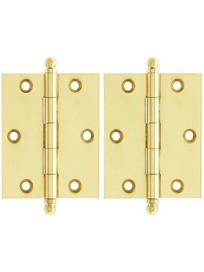 Premium Solid Brass Ball-Tip Cabinet Hinges Pair - 2 1/2 inch by 2 inch in Unlacquered Brass.